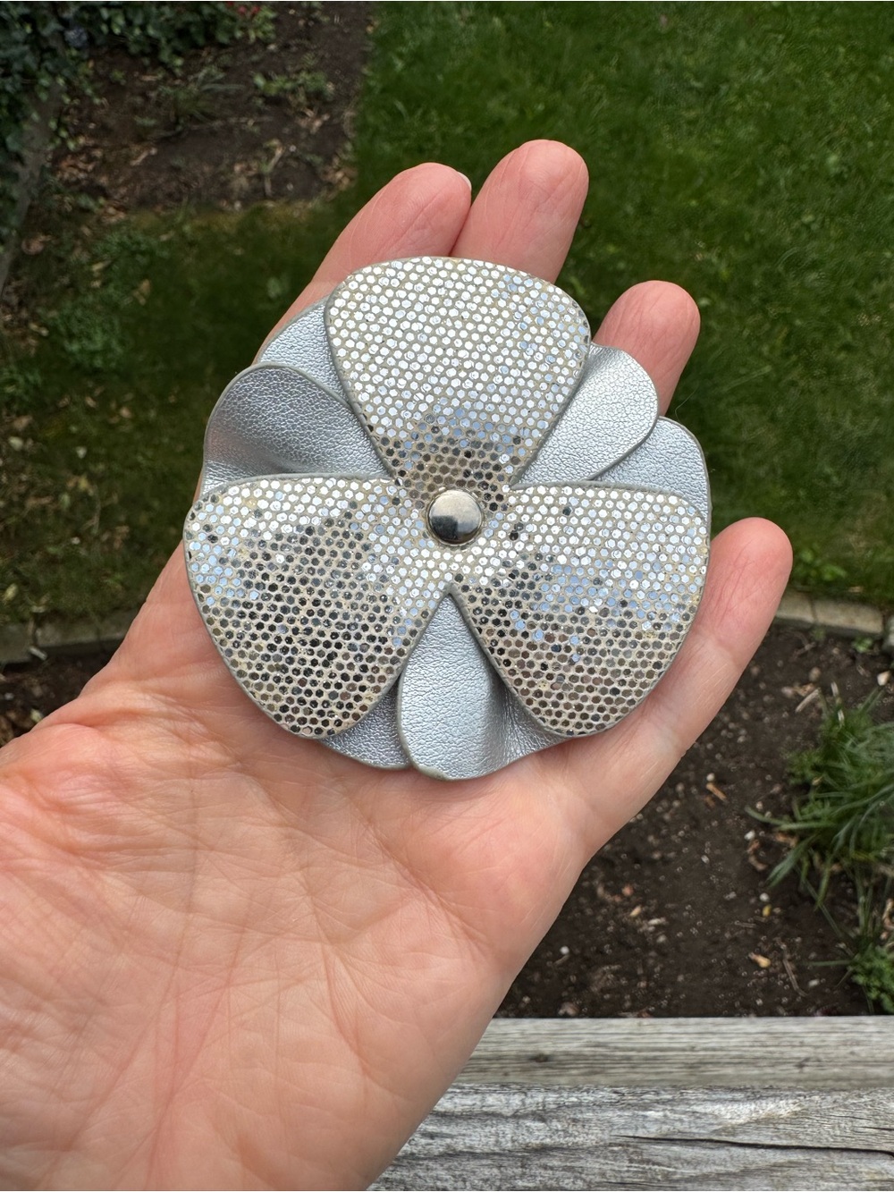 Hand Crafted Silver Sparkle Floral Brooch - Faux Leather